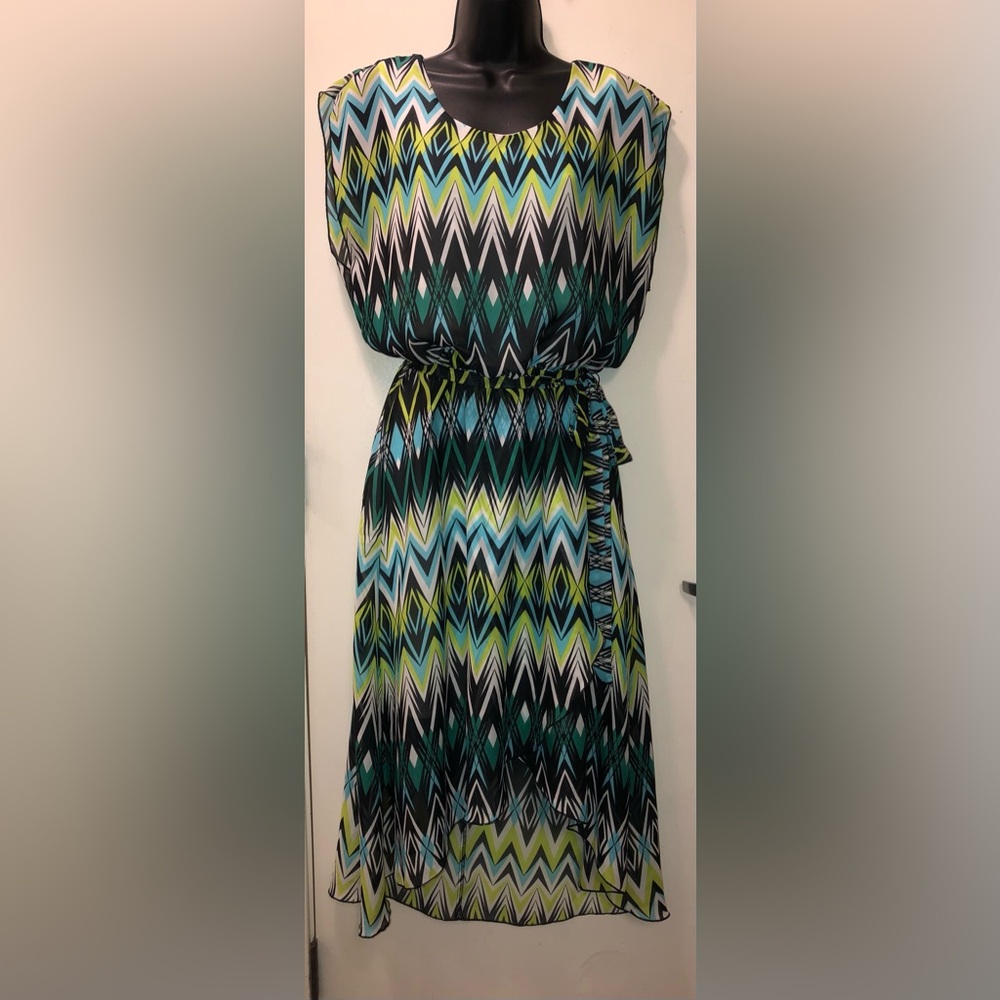 TACERA-MULTICOLOR DRESS - flowing double layer mid length dress. Size Med.